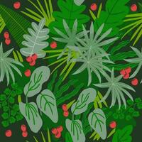 seamless abstract green pattern with leaves, berries, vector floral background