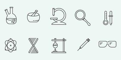 Chemical lab research vector linear icons set logo design. Scientific laboratory test and analysis thin line illustrations design.