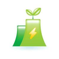 3D Green Nuclear Power Plant Electric Icon. Eco Sustainability Environment Concept. Glossy Glass Plastic Color. Cute Realistic Cartoon Minimal Style. 3D Render Vector Icon UX UI Isolated Illustration.