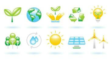 3D Icon Set of Ecology Sustainability Environment Concept. Plant, Earth, Recycle, Bulb, Forest, Sun, Solar Cell, Turbine. Cute Realistic Cartoon Minimal. 3D Render Vector Icons Isolated Illustration.