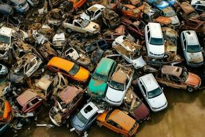 oxidando antiguo basura carros con ambiente contaminación en depósito de chatarra para reciclaje. abandonado coche residuos concepto por ai generado foto