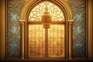 Eid mubarak and ramadan kareem greetings with islamic lantern and mosque. Eid al fitr background. Eid al fitr background of window concept by AI Generated photo