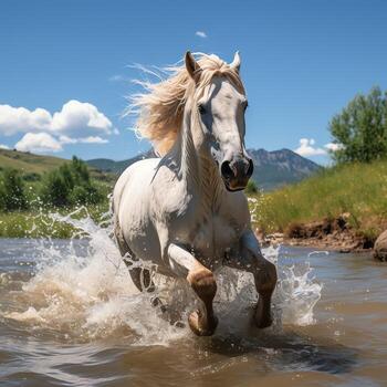 A wild horse running in the creek. Wild or farm animals concept by AI Generated photo