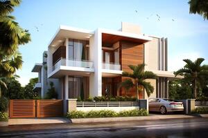 Beautiful modern house exterior with carport. Modern residential district and minimalist building concept by AI Generated photo