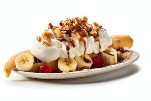 A delicious Banana split ice cream dessert with chocolate syrup. Banana split ice cream dessert by photo