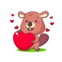 Cute Beaver Cartoon Character holding love heart Mascot vector illustration. Kawaii Adorable Animal Concept Design. Isolated White background.