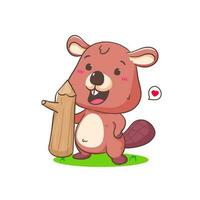 Cute Beaver Cartoon holding wood Character Mascot vector illustration. Kawaii Adorable Animal Concept Design. Isolated White background.