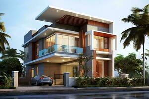 Beautiful modern house exterior with carport. Modern residential district and minimalist building concept by AI Generated photo