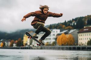 un caucásico hombre haciendo trucos o saltando en un patineta a el calle. joven hombre con patinador saltando concepto por ai generado foto