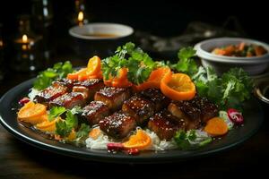 A delicious crispy pork belly fancy on plate. Restaurant food and asian cuisine concept by AI Generated photo