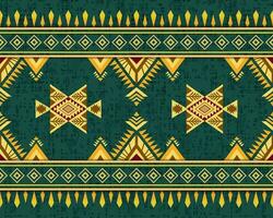 Abstract geometric fabric pattern in traditional American style. This symmetrical repeating pattern consists of Navajo symbol motifs and geometric shapes in a luxury colors theme. Vector illustration.