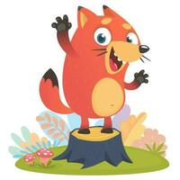 Cartoon cool little fox standing and waving on tree stump vector