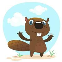 Cute funny cartoon vector beaver waving with his hands