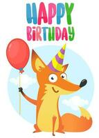 Funny cartoon fox holding red balloon and birthday party hat vector