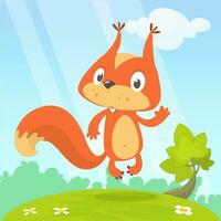 Cute cartoon jumping squirrel in playful mood. Vector illustration isolated