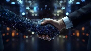 AI handshake with a businessman, neural network, office, commerce, marketing, generative AI photo