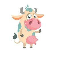 Cartoon cute white spotted cow standing and smiling vector