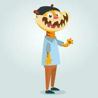 Cartoo tiger wearing black hat and teen clothes. Vector illustration of hipster style tiger character