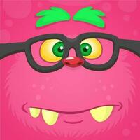 Cartoon smart monster face wearing glasses. Halloween vector illustration of furry pink monster