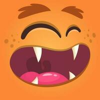 dibujos animados monstruo rostro. vector Víspera de Todos los Santos naranja frio monstruo avatar con amplio sonrisa
