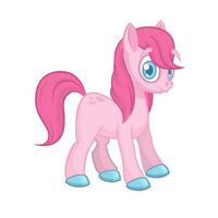 Cute cartoon little white baby horse with pink hair, beautiful pony princess character, vector illustration isolated on white