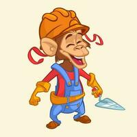 Cartoon engineer monkey with a trowel. Vector illustration with under construction title