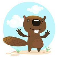 Cute funny cartoon vector beaver waving with his hands