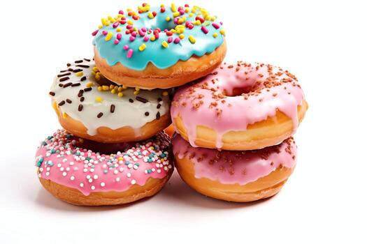 Colorful and tasty various donuts with colorful sprinkles sugar. Delicious dessert donuts background concept by AI Generated photo