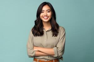 Beautiful asian woman in casual with smile cheerful. Studio shot asian woman standing hand gesture concept by AI Generated photo