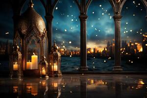 Eid mubarak and ramadan kareem greetings with islamic lantern and mosque. Eid al fitr background. Eid al fitr background of window concept by photo