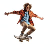 un caucásico hombre haciendo trucos o saltando en un patineta a el calle. joven hombre con patinador saltando concepto por ai generado foto