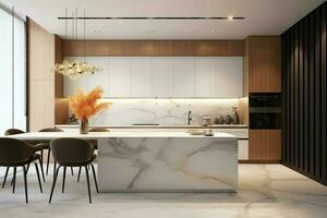 Modern kitchen interior design in apartment or house with furniture. Luxury kitchen home scandinavian concept by AI Generated photo