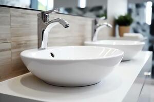 Modern public bathroom with row of white ceramic wash sink basins and faucet with mirror in restroom concept by photo