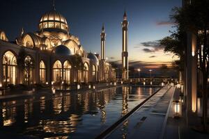 Awesome buildings of mosque in ramadan vibes. Ramadan kareem eid mubarak islamic mosque concept by photo