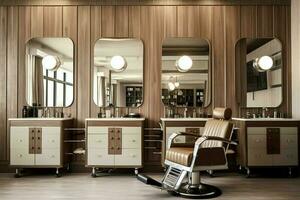Modern barbershop interior with mirrors chair and other equipment near windows. Chairs in barbershop concept by AI Generated photo