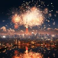 Beautiful firework show with cityscape at night for celebration happy new year. Firework display concept by photo