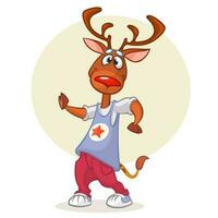 Cartoon deer dancing. Vector illustration of happy reindeer dancing disco or hip-hop. Design for mascot, poster or icon