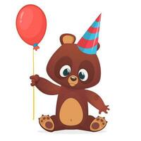 Cartoon bear holding a red balloon. Happy birthday greetings postcard vector
