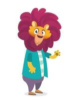 Cartoo lion wearing black modern fashion clothes. Vector illustration of hipster style lion character