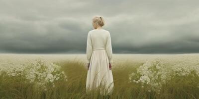 surrealista foto de un niña en naturaleza, flor campo, existencias, mujer belleza, rubio, pelirrojo, generativo ai