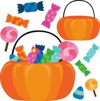 Cute Halloween Candy in Pumpkin Basket Cartoon Illustration Vector Clipart Sticker