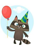 Funny cartoon raccoon holding red balloon wearing birthday party hat. Vector illustration for birthday postcard. Design for print or postcard