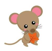 Little Mouse and Autumn Leaves Cartoon Illustration Vector Clipart Sticker