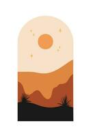 Vector illustration of sunset desert landscape. Wild Western Texas desert sunset with mountains and cactus in flat cartoon style.