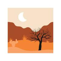 Vector illustration of sunset desert landscape. Wild Western Texas desert sunset with mountains and cactus in flat cartoon style.