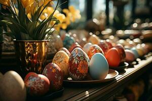 Easter day concept in living room with bunny, sweets or many colorful decorative easter eggs. Painted eggs on straw nest and flower. Easter celebration. Easter day background by AI Generated photo