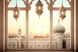 Eid mubarak and ramadan kareem greetings with islamic lantern and mosque. Eid al fitr background. Eid al fitr background of window concept by photo