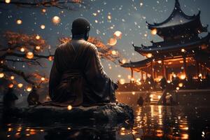 A buddha sits in the mountain with a lotus and candles. Background for vesak celebration. Vesak day concept. Vesak celebration day greetings concept by photo
