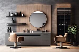 Modern barbershop interior with mirrors chair and other equipment near windows. Chairs in barbershop concept by photo