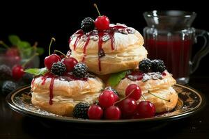 Homemade of delicious pastry or pancakes with fruit danishes and cherry. Danish pastry and dessert concept by AI Generated photo